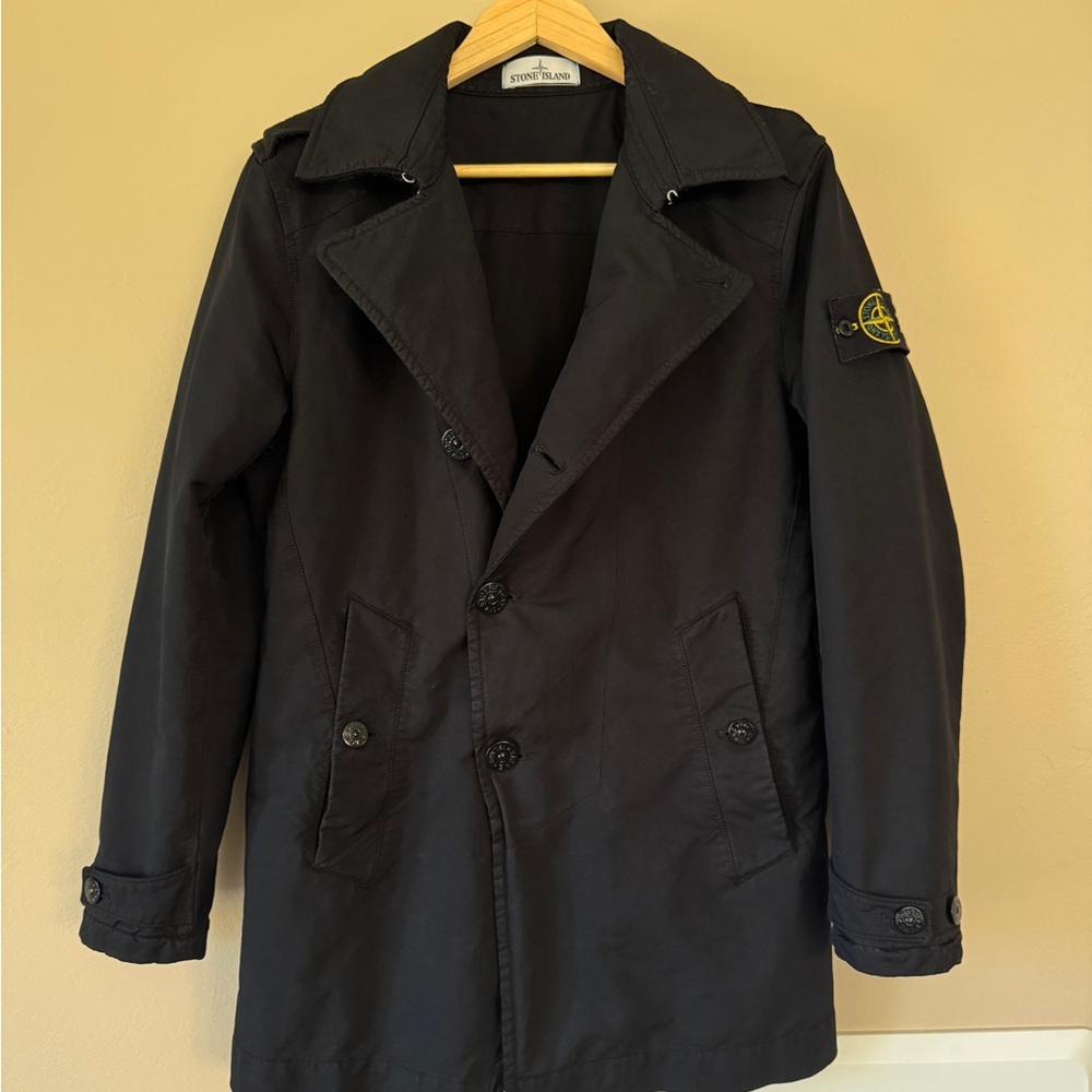 Stone Island Black Trench Coat with Notched Lapel